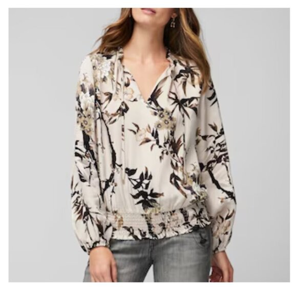 White House Black Market Tops - White House Black Market Women's Long Sleeve Satin Tan Floral Pleated Blouse XL